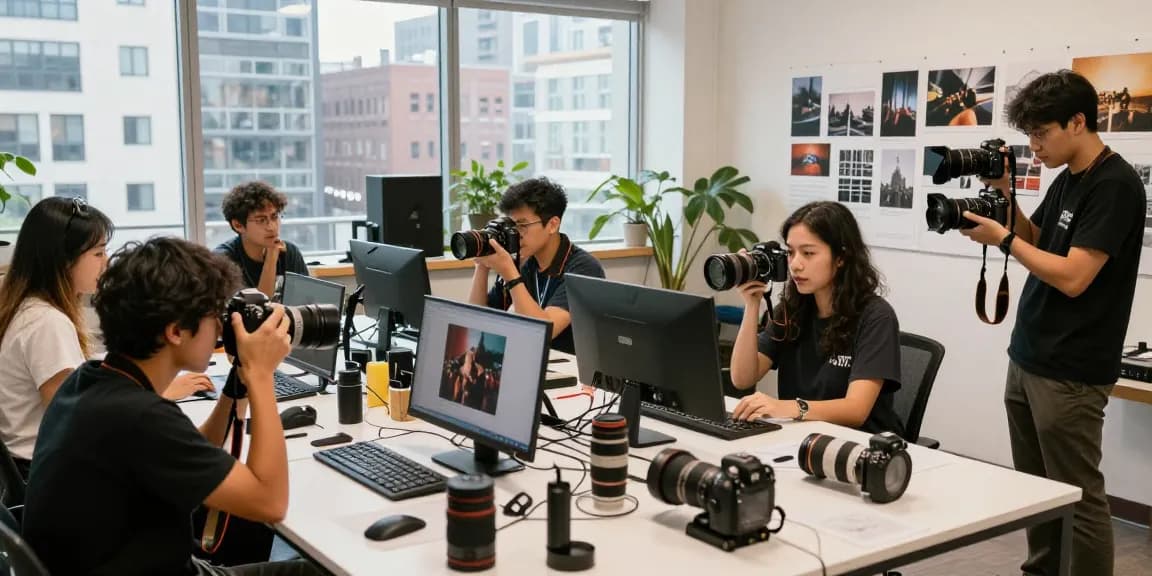 Corsi di Fotografia à Milan avec atelier pratique animé, participants apprenant à capturer des images.