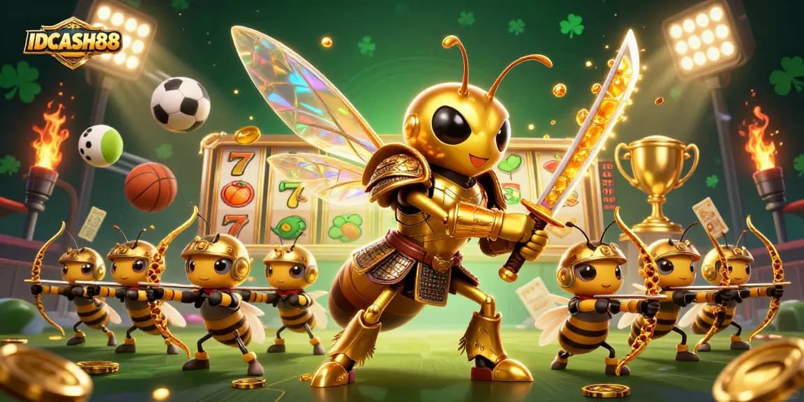 Play exciting slot games at IDCASH88 with our dynamic characters in a casino-themed illustration.