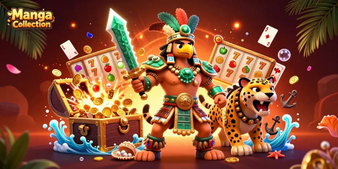 Manga Collection showcases an Aztec warrior and jaguar amid exploding slot reels and treasures.