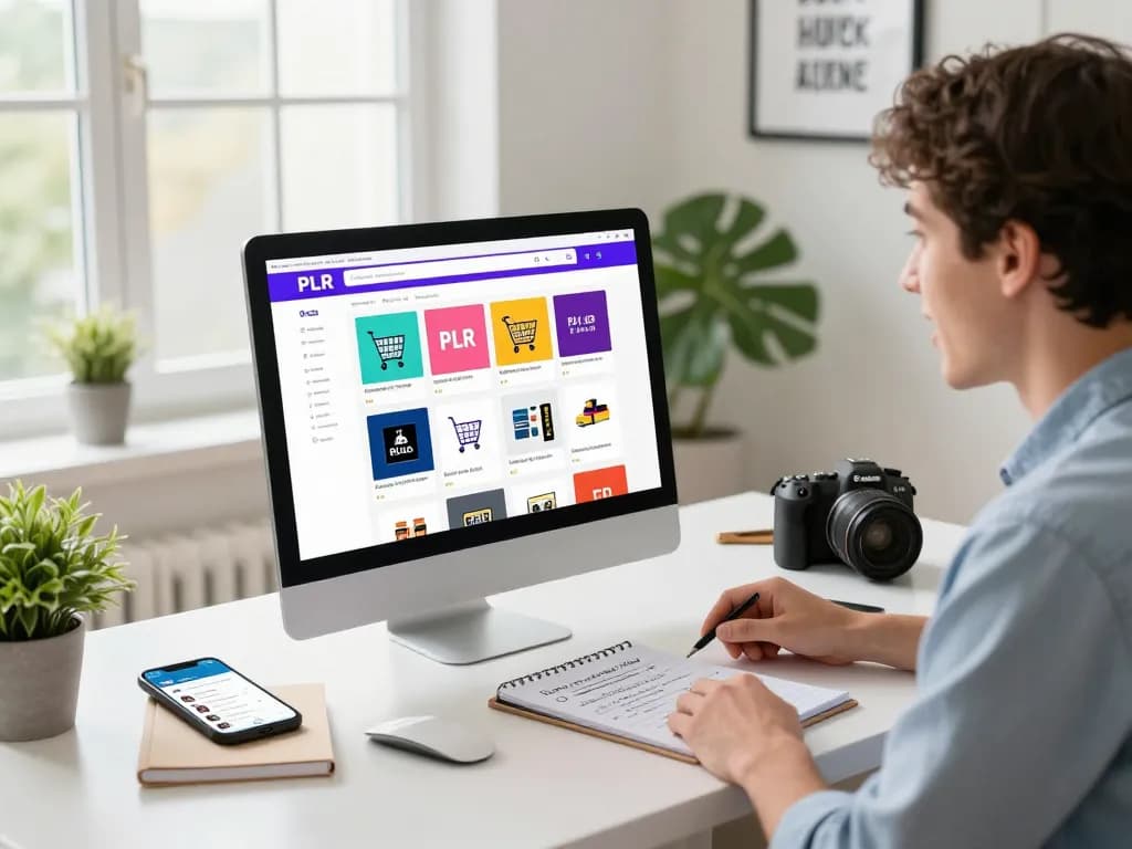Buy PLR Digital Products from an engaging e-commerce workspace with diverse digital goods.