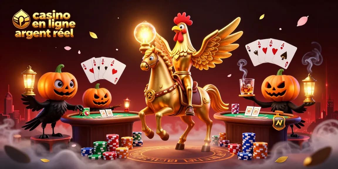 Plongez dans l'univers du casino en ligne argent réel avec cette illustration dynamique de personnages fantastiques et éléments de jeu.