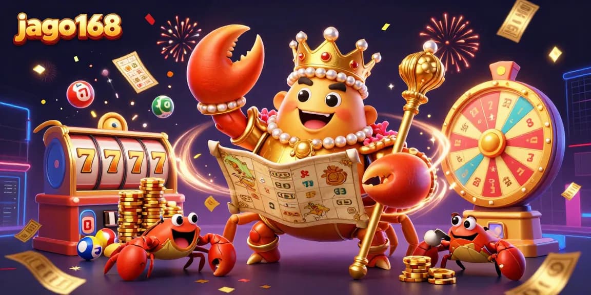 Win big at jago168 with vibrant casino games illustrated by a golden crab emperor and festive elements.