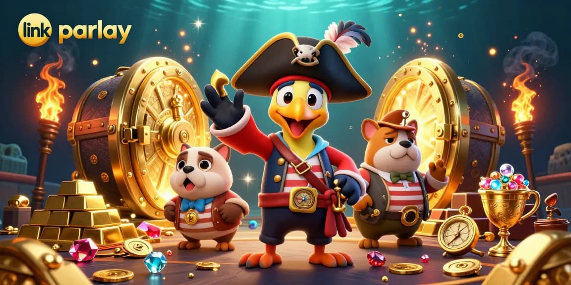 Bet big with link parlay in this vibrant sports betting illustration, showcasing a pirate captain and treasure.
