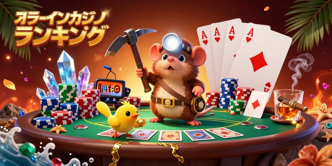 オンラインカジノ ランキングに基づき、魅力的なゲーム要素が満載のカジノシーンを探求するイラスト。