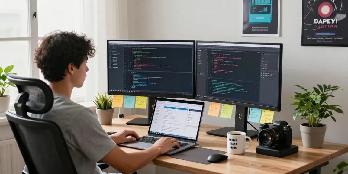 Remote software developer working at stylish home office, coding on telegraimin.com.