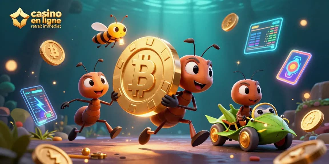 Action dans un casino en ligne retrait immédiat avec des fourmis et des éléments crypto.