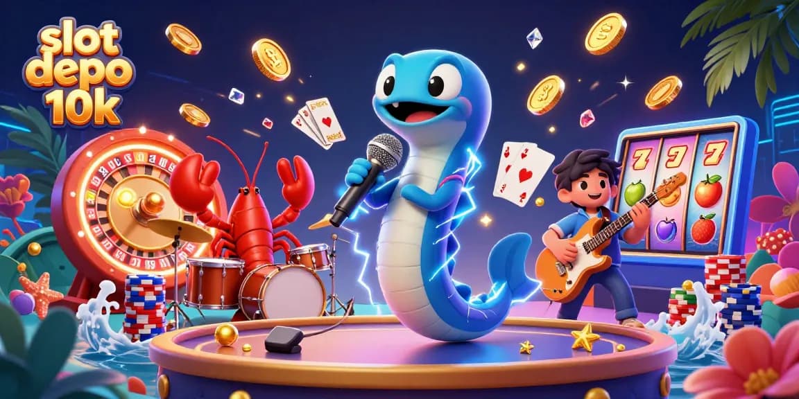 Experience the excitement of slot depo 10k with an energetic underwater casino scene featuring dynamic characters and vibrant gaming elements.