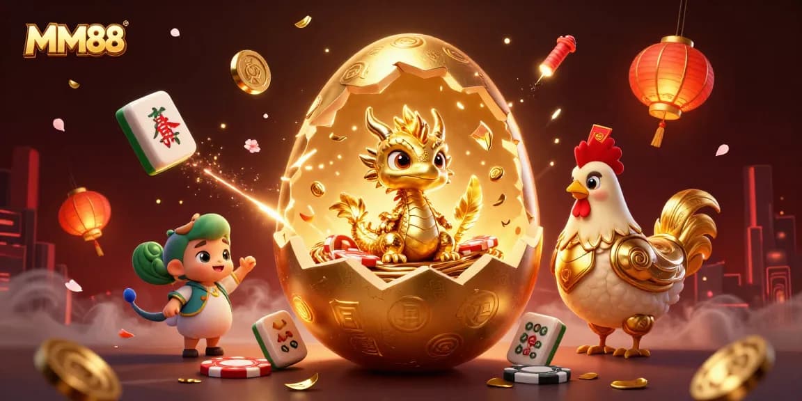 Engage in epic MM88 adventures with gold dragons and poker chips amidst vibrant festival decor.