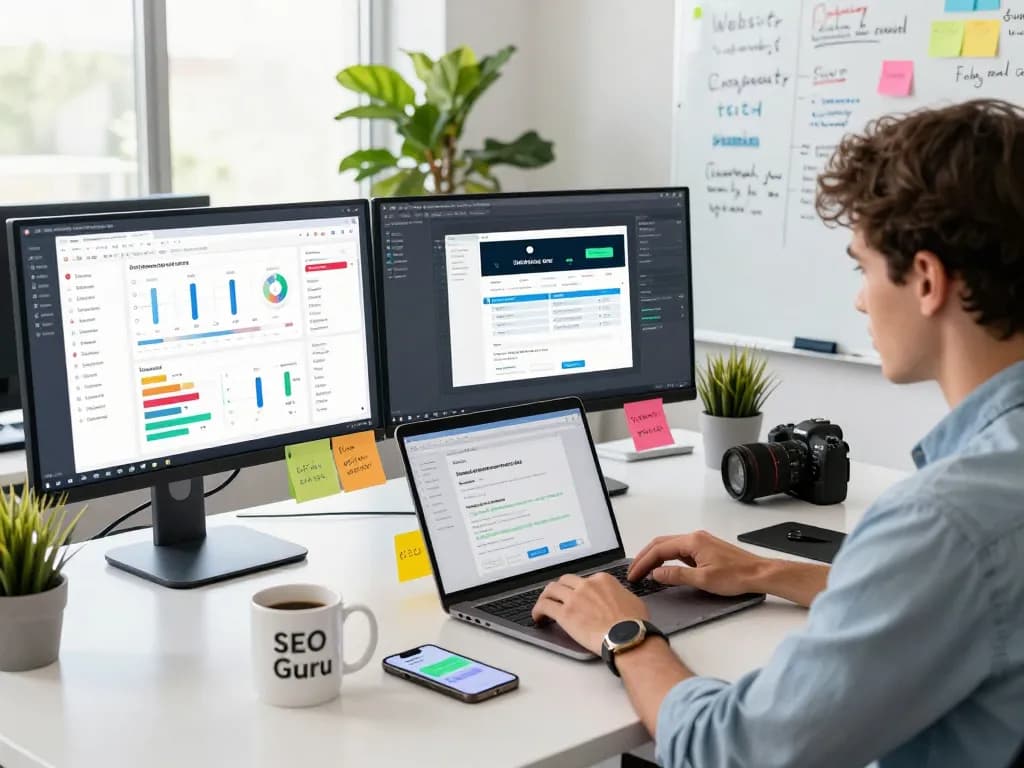 Digital marketing professional optimizing website traffic using group buy SEO tools in modern workspace.