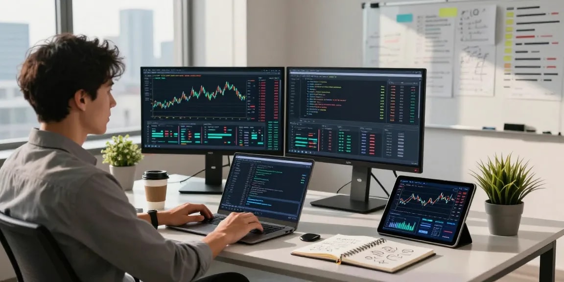 Asian stock index API showcased in a modern development workspace with live trading charts, coding interface, and advanced financial tools.