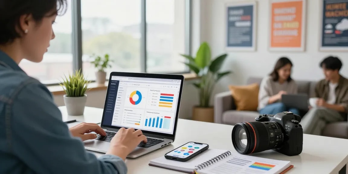 This page features a marketer analyzing data in a modern workspace, showcasing productivity tools and a vibrant atmosphere.