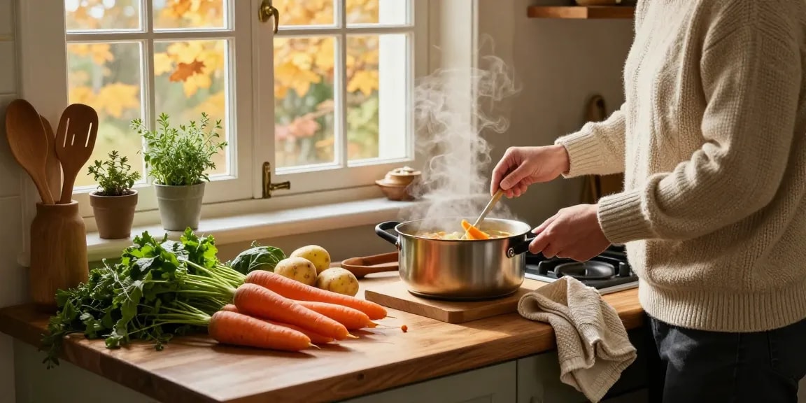 Leckere Suppenvorbereitung in einer gemütlichen Küche, die Suppe kaufen mit frischen Zutaten und warmem Ambiente fördert.