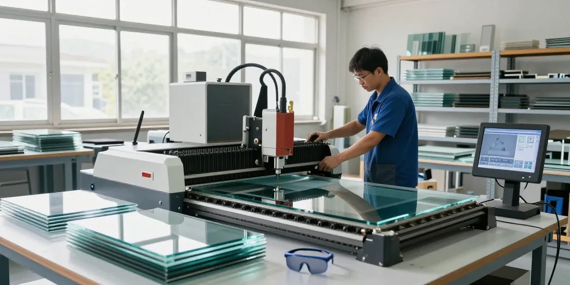 Technician using a glass cutting machine CNC in a bright workshop, showcasing advanced glass processing technology.