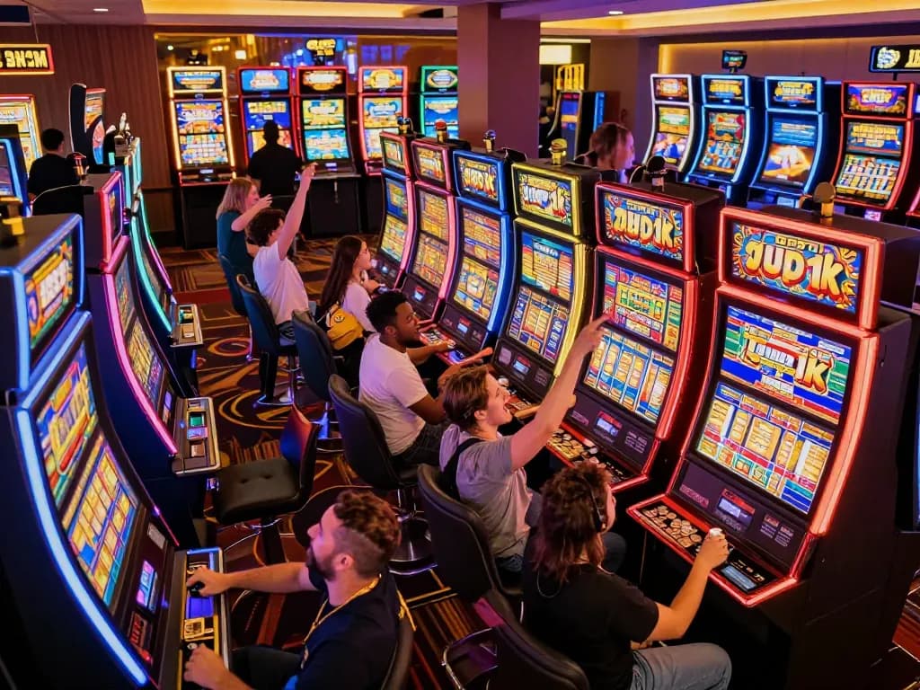 Excited players celebrating wins at slot depo 1k machines in a vibrant casino.