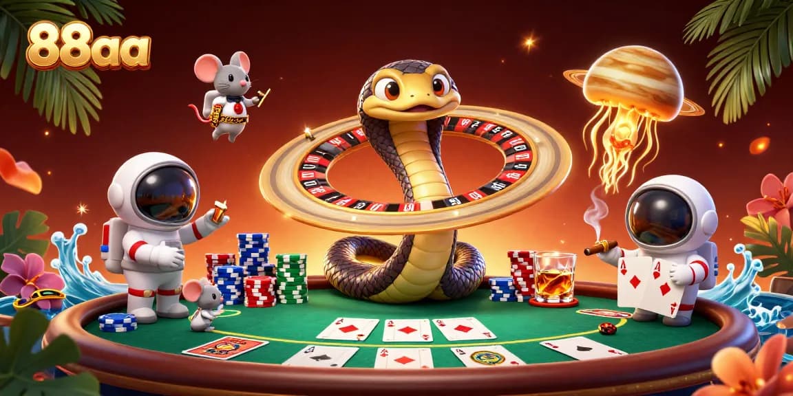 Engage with 88aa's colorful cosmic casino, where mice bet on a planet roulette amidst glimmering poker elements.
