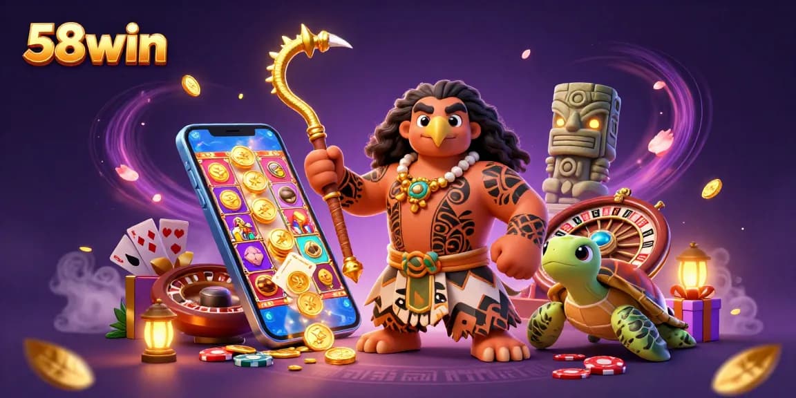 Experience thrilling games at 58win with vibrant illustrations of slot machines and characters.