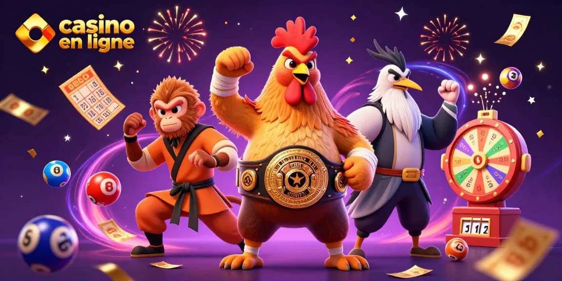 Visualisez un casino en ligne avec un coq thaï, un singe shaolin, et un héron maître, entourés de balles de loterie colorées.