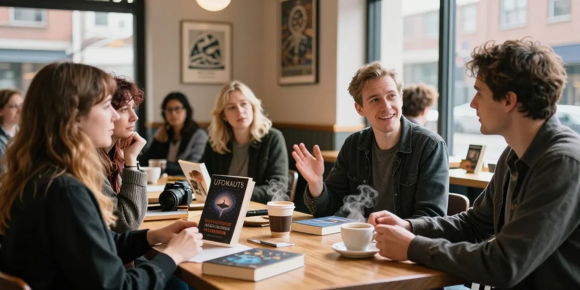 Engaging literary discussion about UFOnauts at https://tallengreenfield.com with T Allen Greenfield in a cozy café.