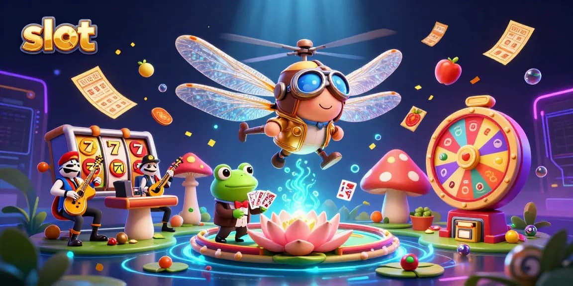 Spin the slot reels and enjoy the lively casino as a frog croupier deals cards below.