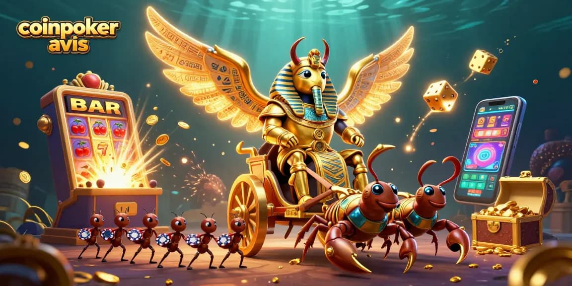 Testez CoinPoker Avis avec une illustration captivante de jeux et de gains, combinant poker et machines à sous.
