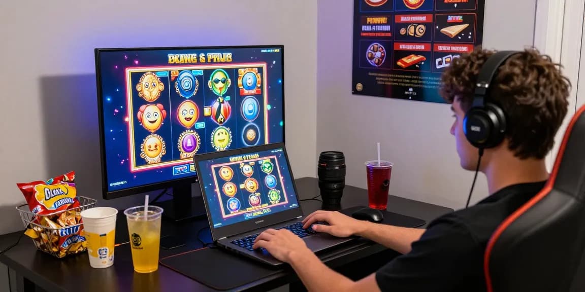 Pengaturan ruang permainan online slot dengan laptop menampilkan grafis RTP slot terbaru yang menarik.