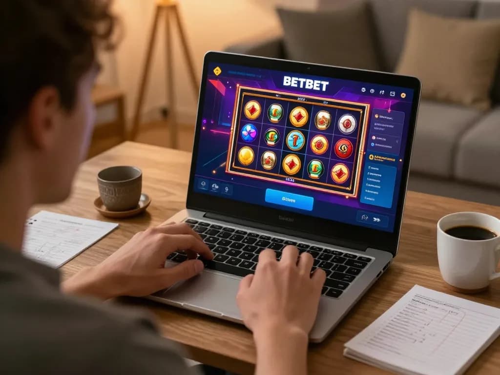 Engaging in mobile gaming on the BETBET app with vibrant slot graphics during a cozy home session