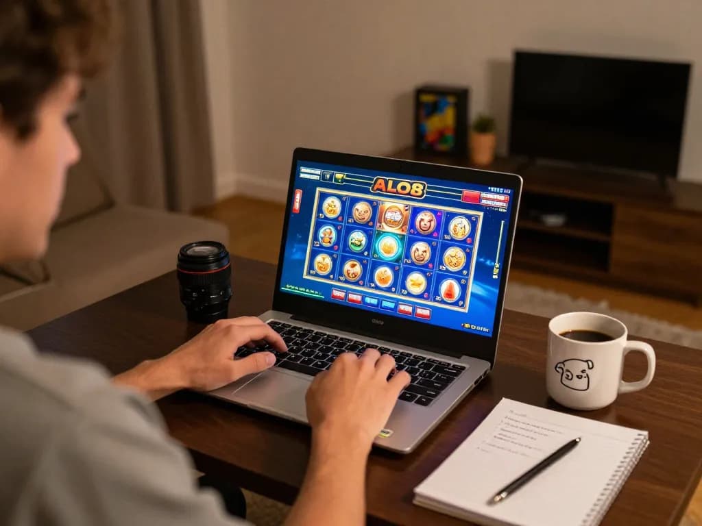 Player enjoying ALO8 online casino gaming on a laptop in a cozy home setting