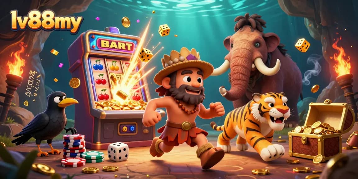 Experience the thrilling lv88my casino world where a caveman and sabertooth tiger team up, surrounded by dynamic gaming elements.