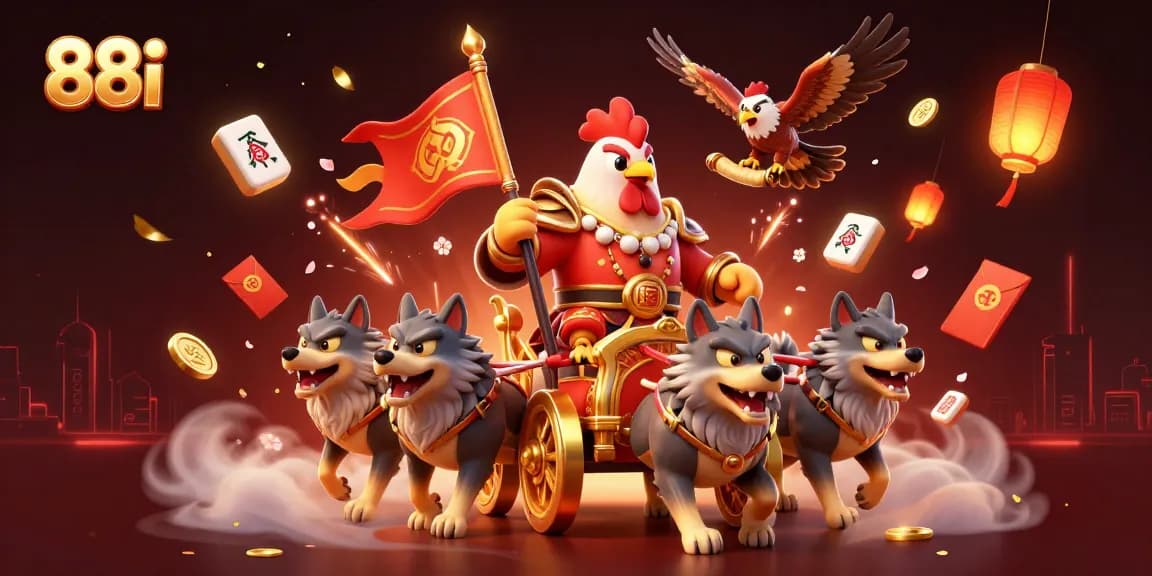 Engage with 88i's vibrant 3D casino scene, featuring a rooster warlord and floating mahjong tiles.