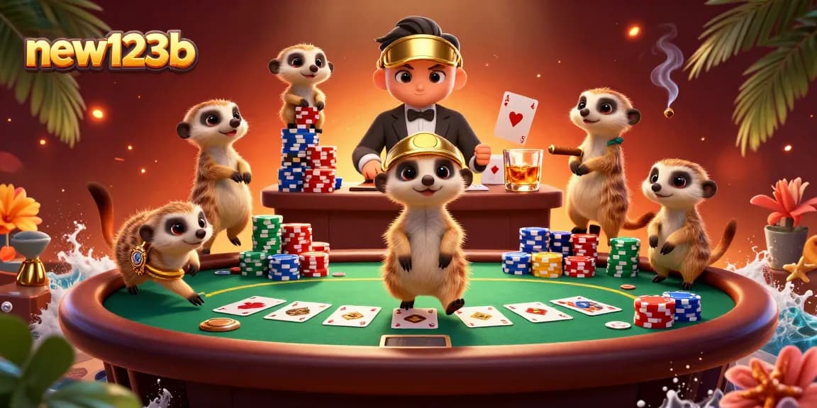 Engage in thrilling new123b casino experiences with bustling cartoon meerkats running an elaborate gambling scene.
