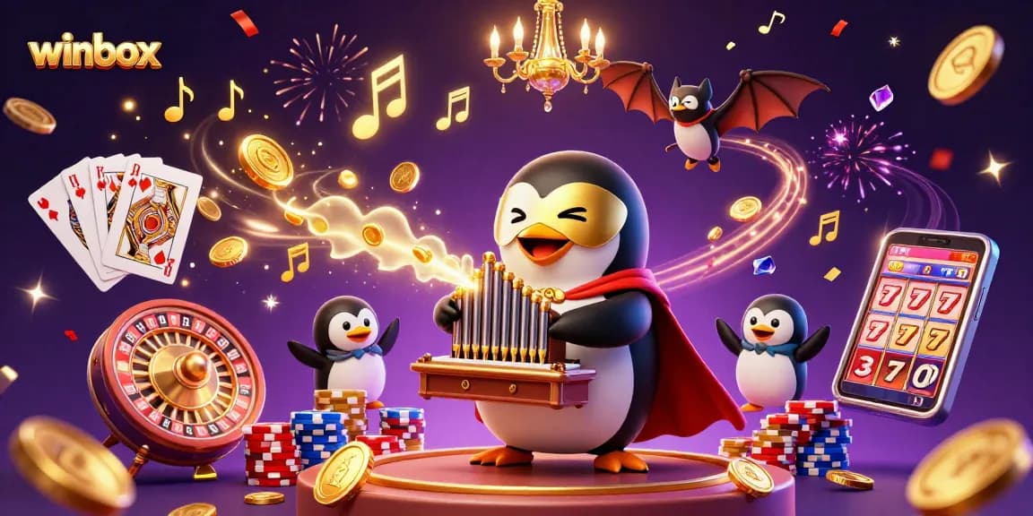 Experience winbox excitement as a phantom penguin plays for golden coins amidst dazzling casino elements.
