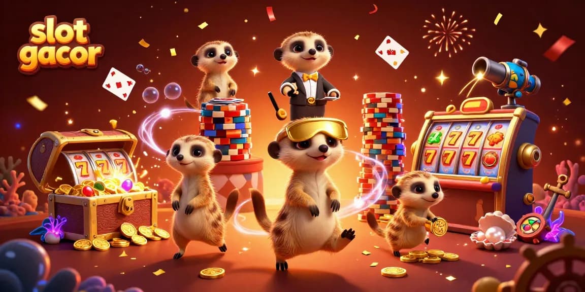 Experience thrilling slot gacor fun with meerkats running a cartoon casino amidst sparkling treasures.