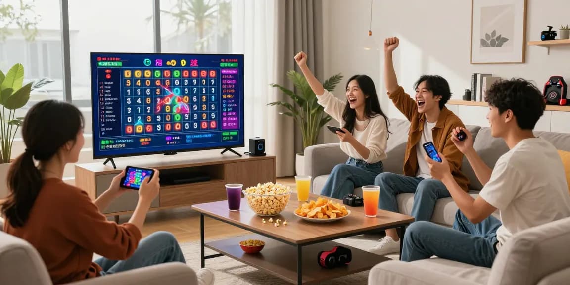 Excited friends engaging in a toto macau live draw session in a bright living room.