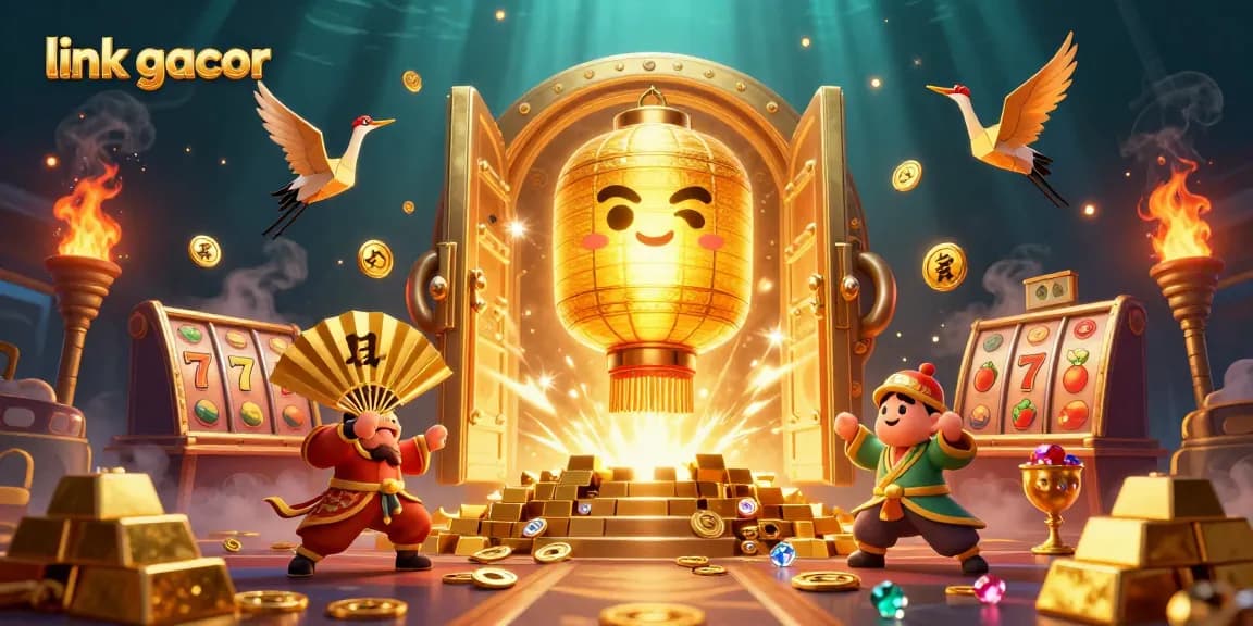 Experience the thrill of winning with link gacor in a vibrant casino illustration filled with treasures.