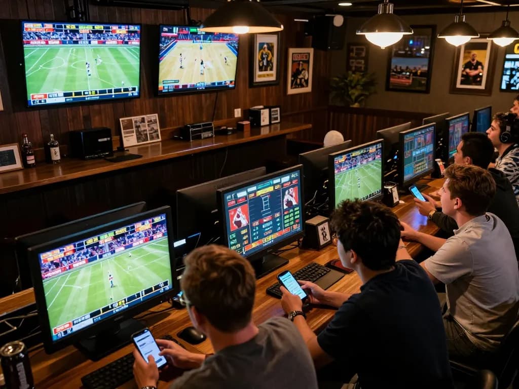 Engaged patrons placing bets on bong88 app during thrilling sports events in a lively sports bar atmosphere.