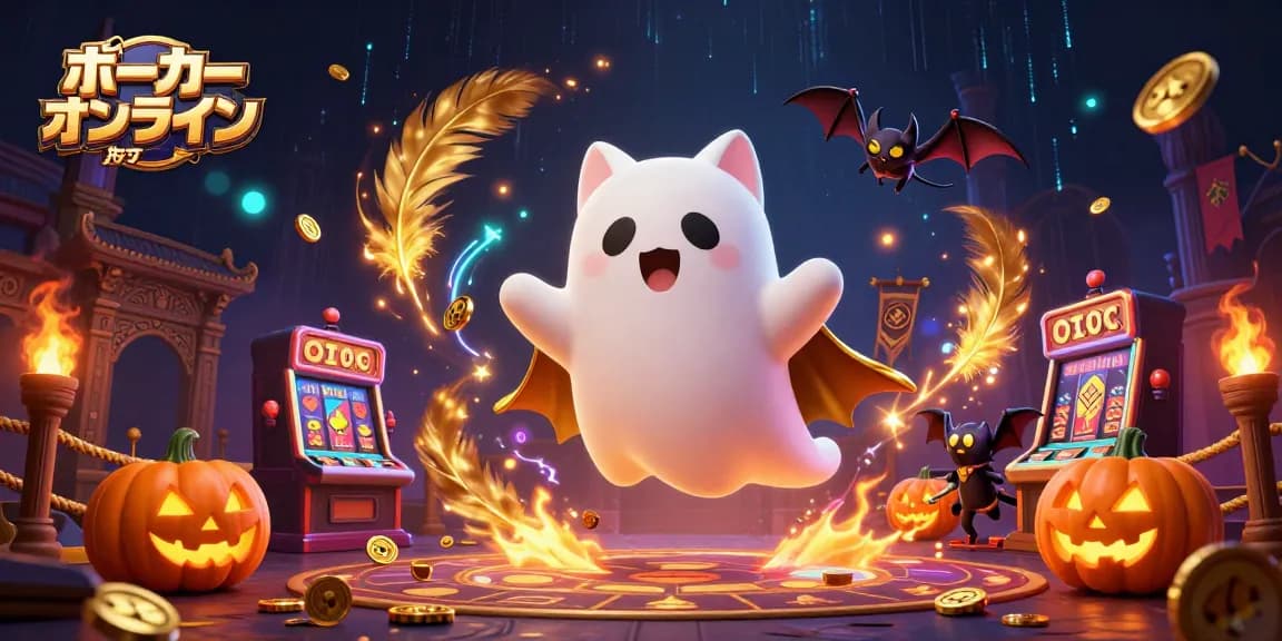 ポーカー オンライン おすすめに関するイラストで、幽霊猫とコウモリがカジノ内で遊んでいる様子を描いています。