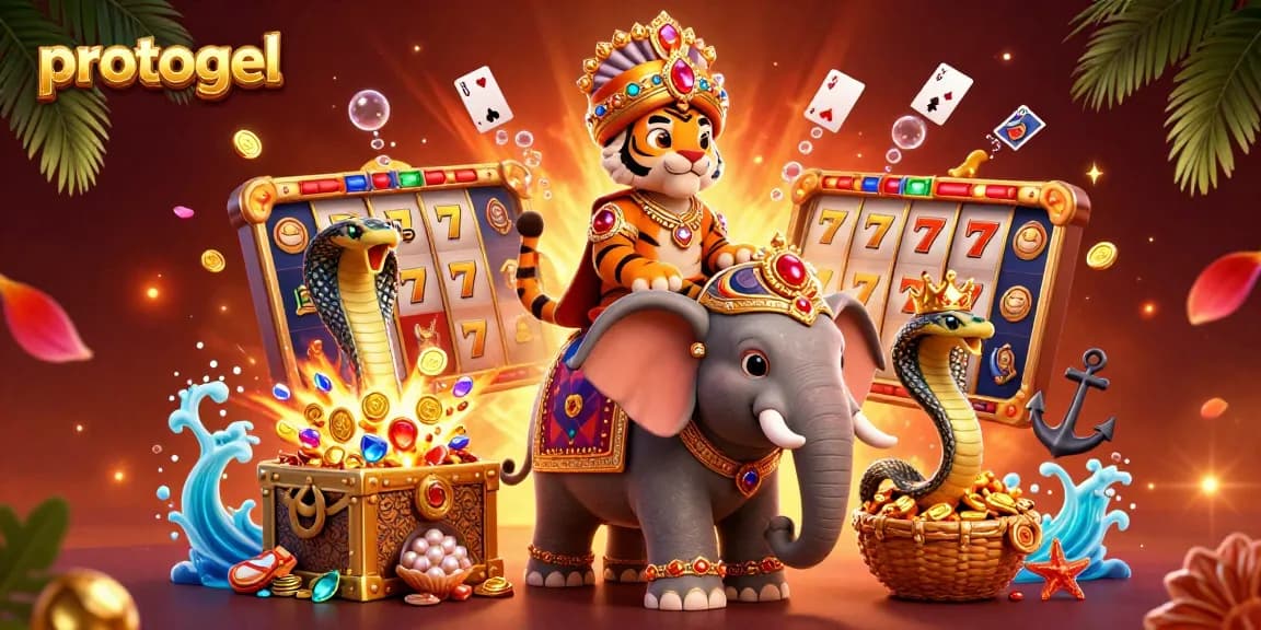 Experience the excitement of gaming with protogel featuring a maharaja tiger, jewel-encrusted elephant, and casino elements.