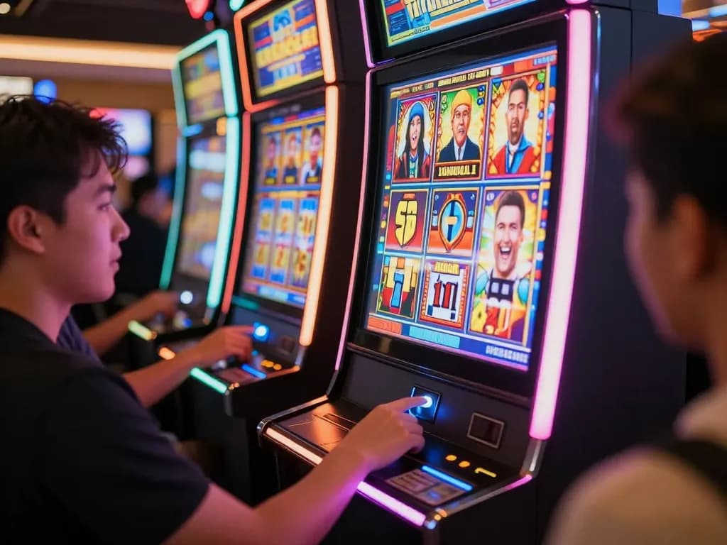 Players engaged with a slot gacor machine in a vibrant casino setting.
