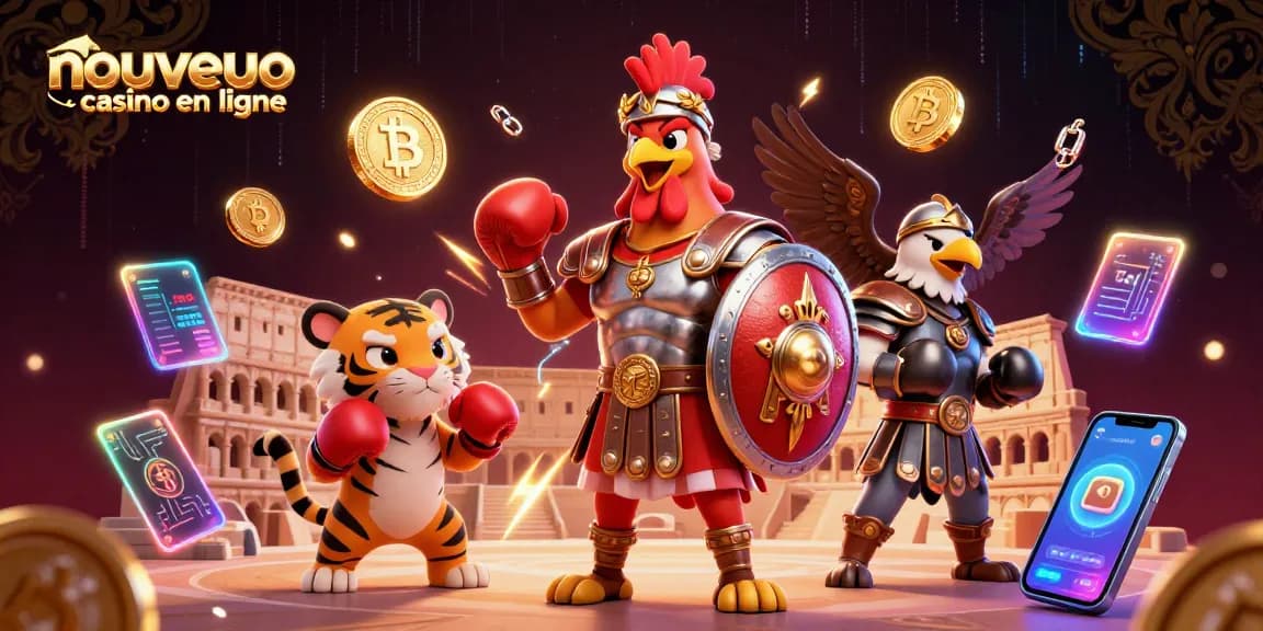 Découvrez le nouveau casino en ligne avec un gladiateur ludique au milieu d'une scène dynamique, symboles de jeux inclus.