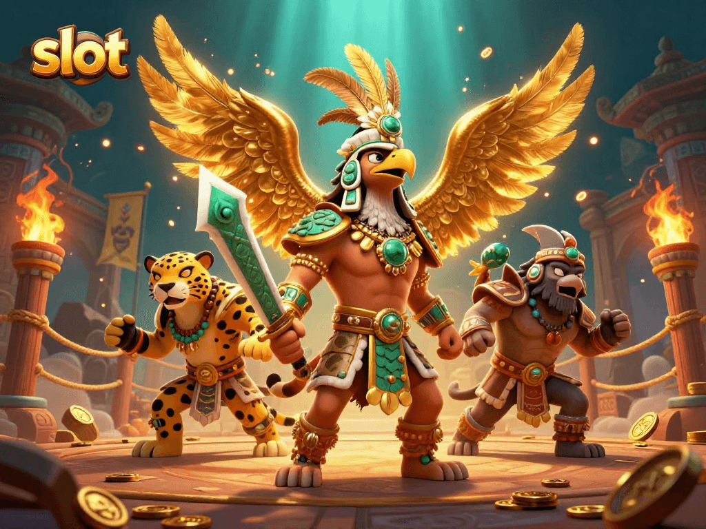 Spin the slot reels with Aztec warriors and golden treasures in this vibrant casino scene.