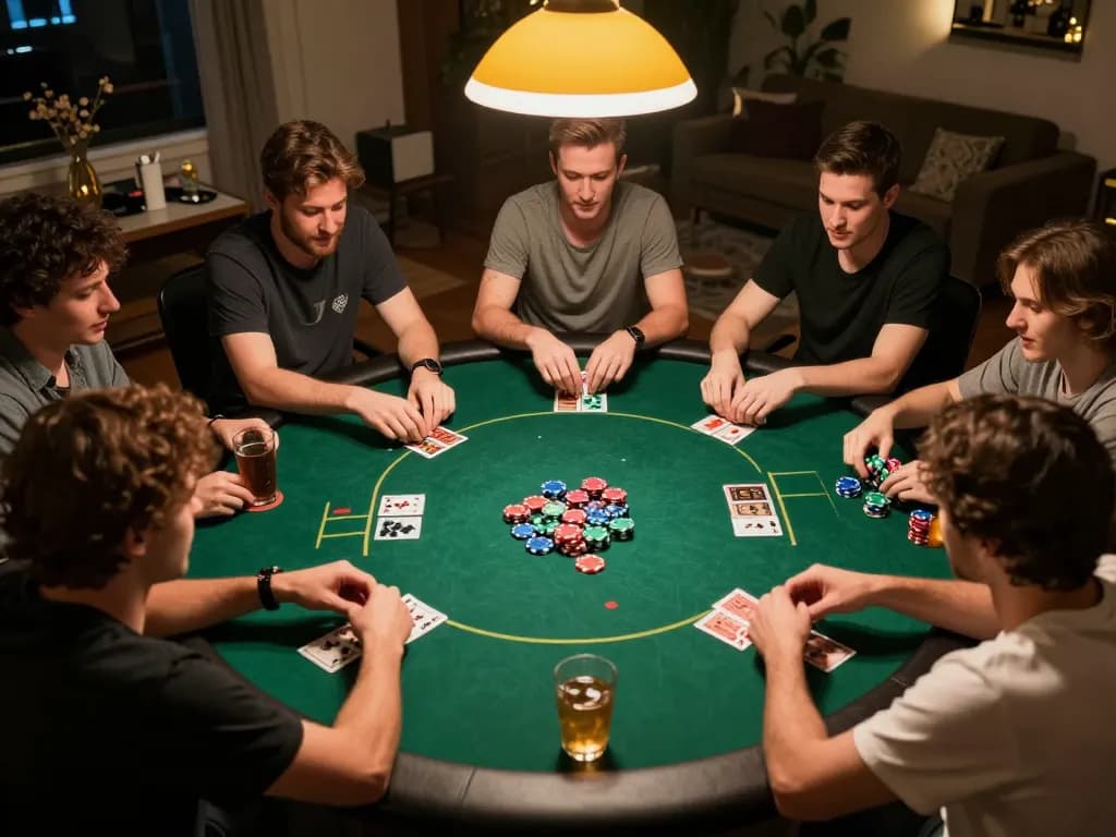 ROKOK 88 players strategizing during a home poker night with colorful chips and cards