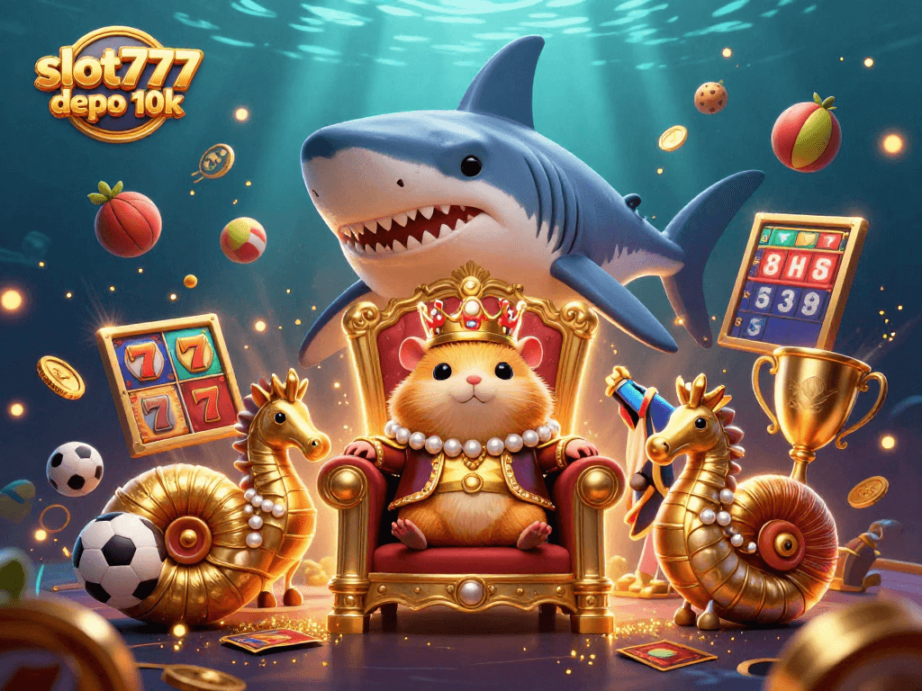 Engaging visual of slot777 depo 10k featuring a hamster king, seahorse guards, and spinning slot reels.