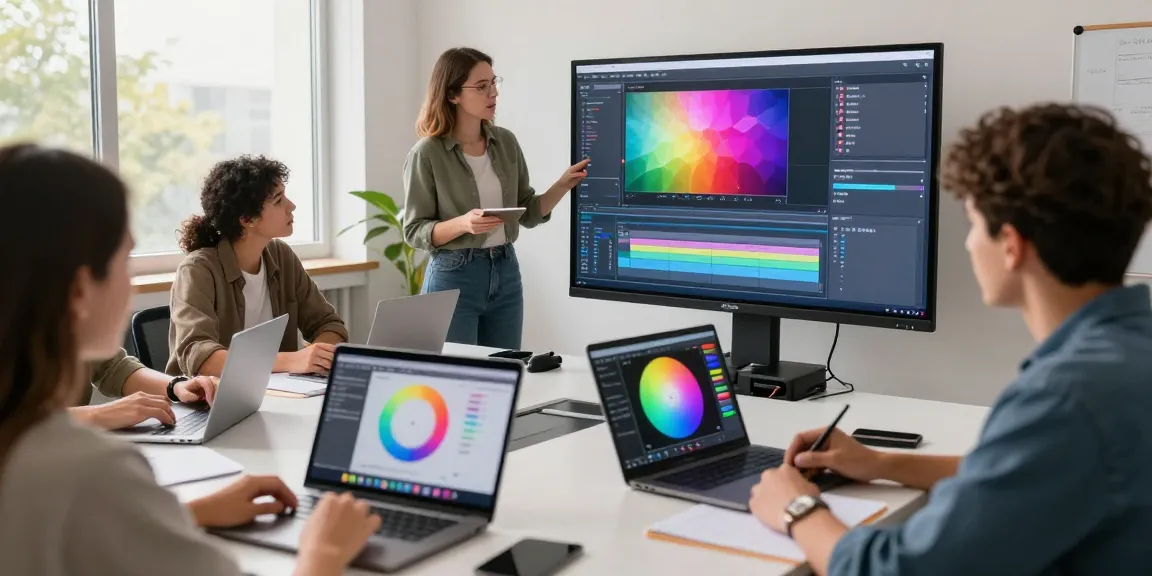 Group of students engaged in an After Effects and color grading workshop with vibrant visuals and modern learning tools.