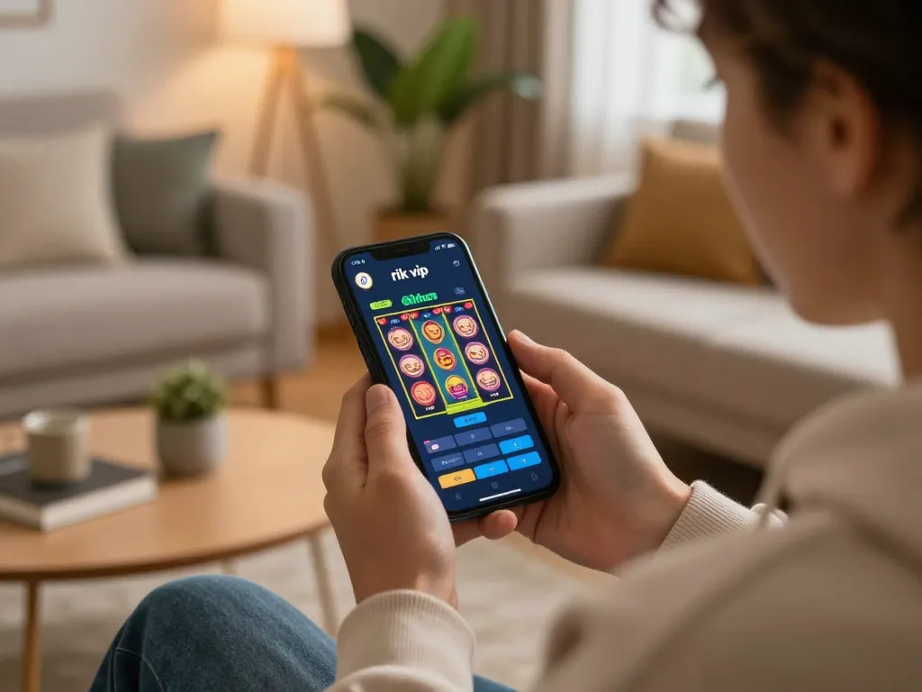 Player enjoying rik vip slot game on mobile app in a cozy home setting