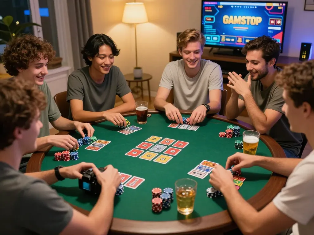 Players enjoying slots not on gamstop at a lively home game night, focusing on strategic gameplay and social interaction.