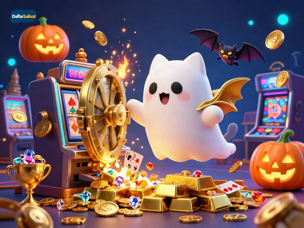 Experience the excitement at Daftar balisot with a glowing ghost cat and vibrant casino elements in this 3D illustration.
