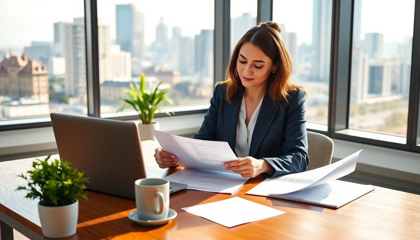 Businesswoman analyzing contracts and grants, epitomizing professionalism in a modern workspace.
