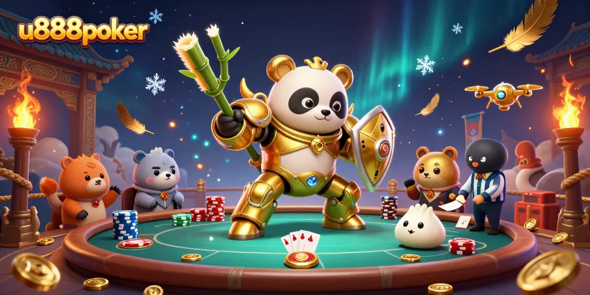 Engage in poker action with u888poker featuring a panda in a mech suit amidst dynamic game elements.