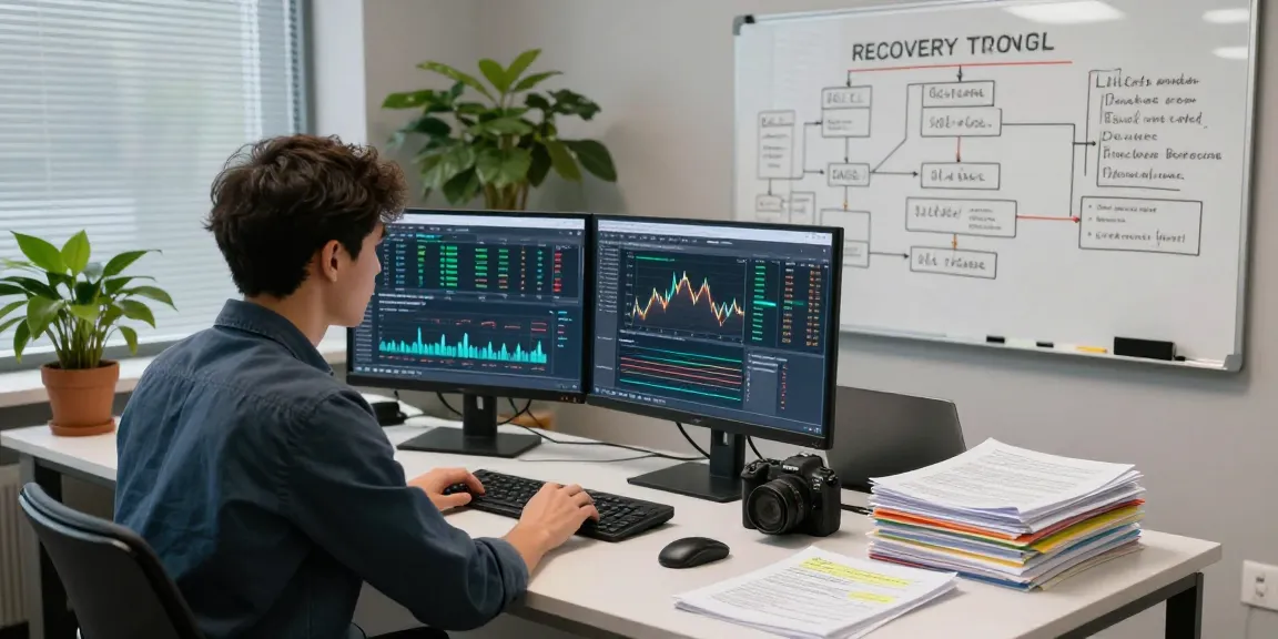 Forensic accountant analyzing data to recover stolen cryptocurrency in a modern office setting.
