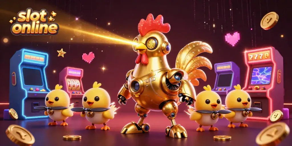 Bermain slot online dengan robot ayam emas futuristik dan mesin permainan yang berwarna-warni.